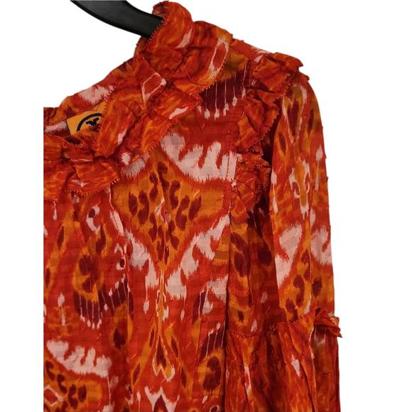 Tory Burch Blouse Silk Blend Size 10 Ruffle Neck Long Flared Sleeves Orange Red - Picture 5 of 13